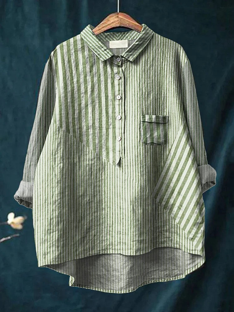 Stripes Pattern Printed Women's Casual Cotton And Linen Shirt
