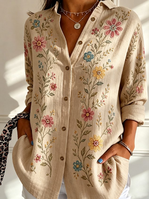 Women's Floral Print Loose Fit Long Sleeve Shirt