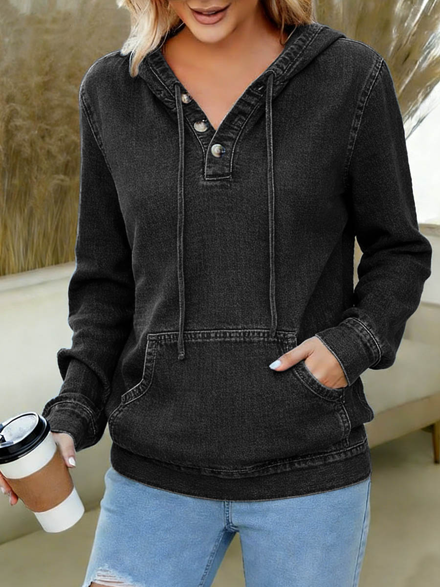 Women's V-neck Long-sleeved Casual Loose Denim Hooded Top