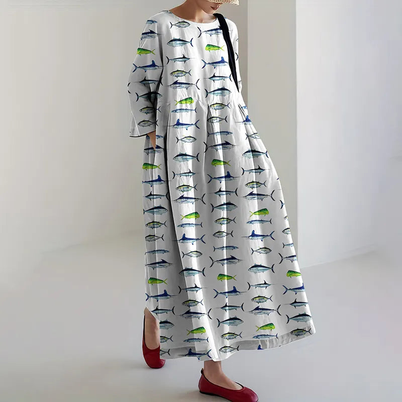 Retro Sea Fish of the North Atlantic Ocean Shark Art Print Casual Midi Dress