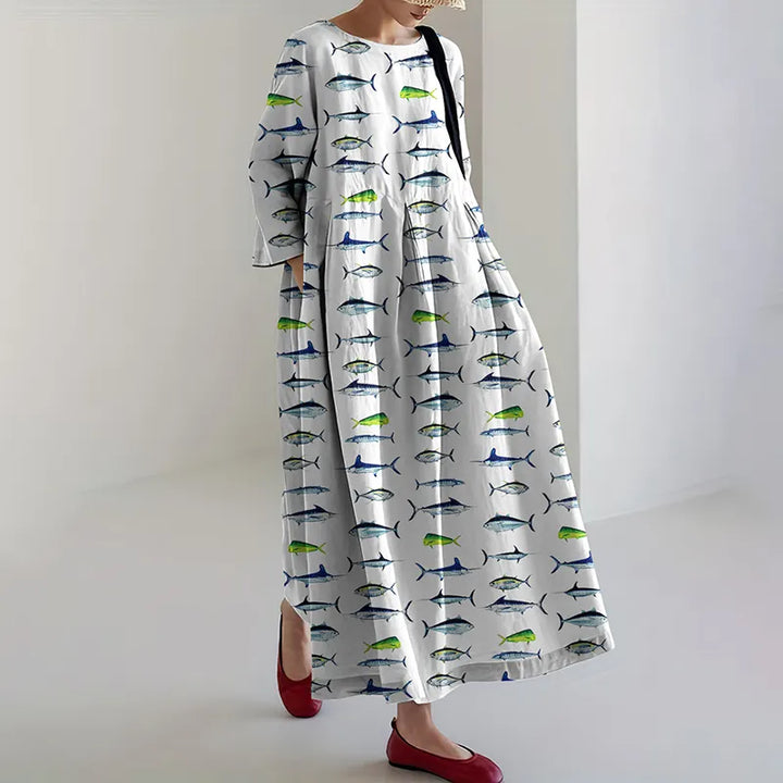 Retro Sea Fish of the North Atlantic Ocean Shark Art Print Casual Midi Dress