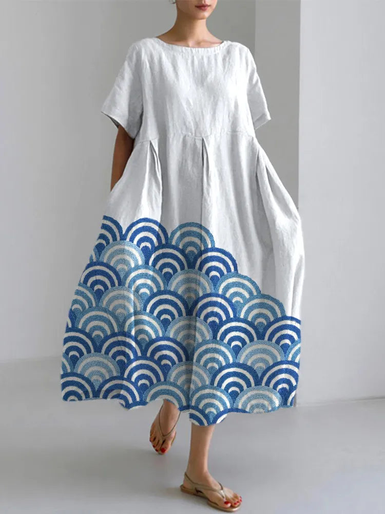 Wave Embroidery Pattern Linen Blend Casual Dress
