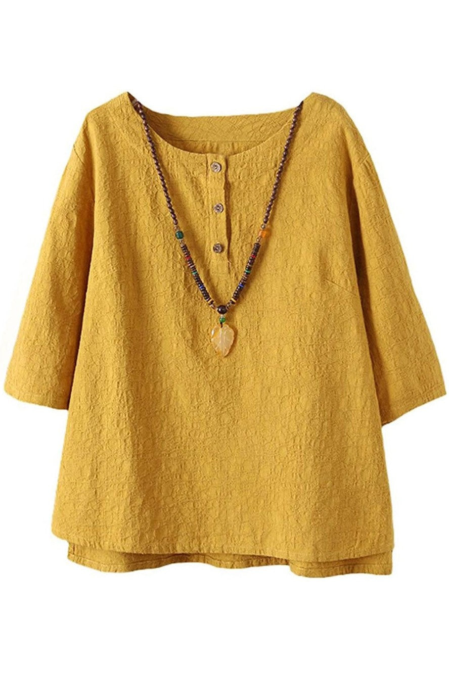 Solid Color Buttons Round Neck 3/4 Sleeves Shirts