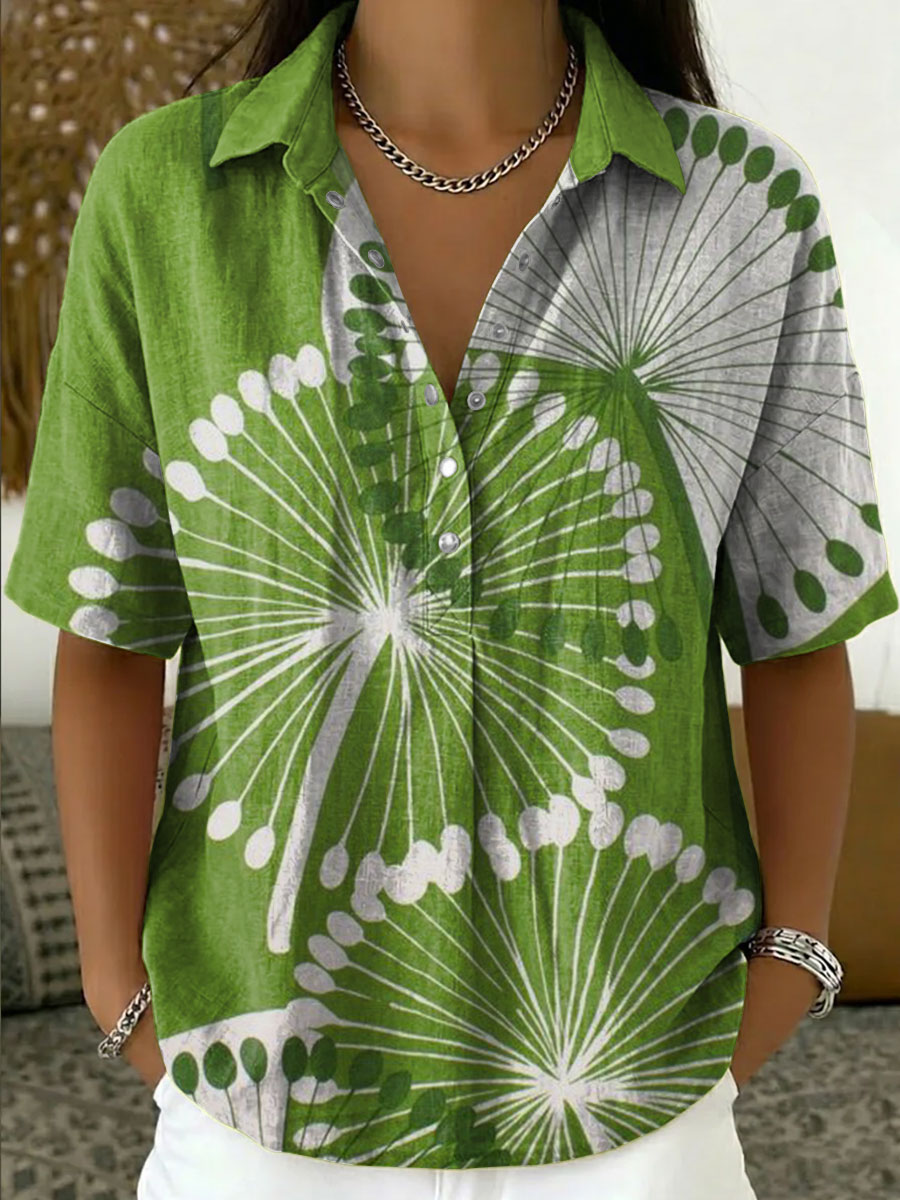 Women's Vintage Botanical Floral Casual Polo Collar Short-sleeved Linen And Cotton Shirt