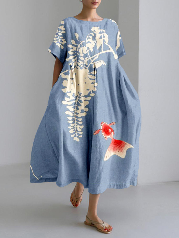 Vintage Japanese Goldfish Art Linen Blend Maxi Dress