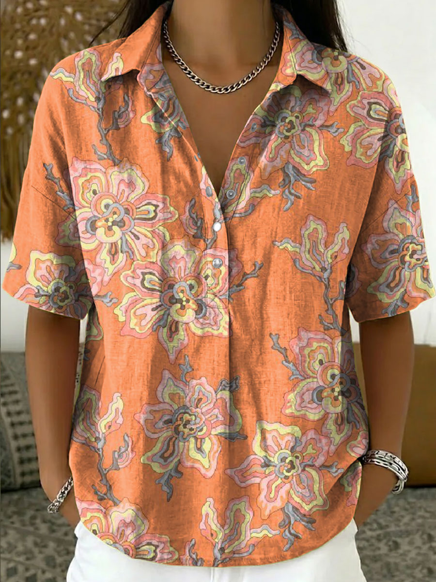 Women's Vintage Botanical Floral Casual Polo Collar Short-sleeved Linen And Cotton Shirt
