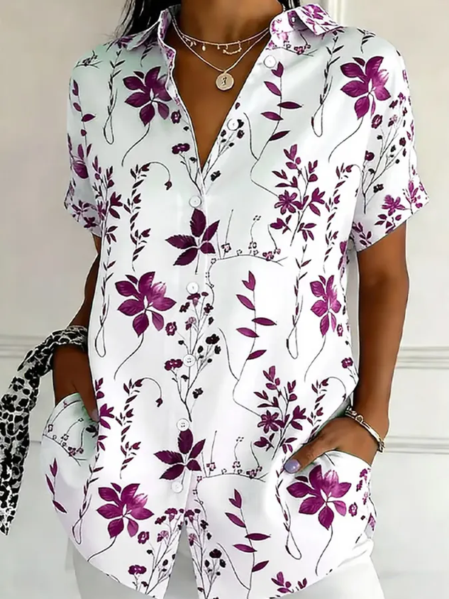 Women's Floral Print Loose Fit Short Sleeve Button Up Shirt