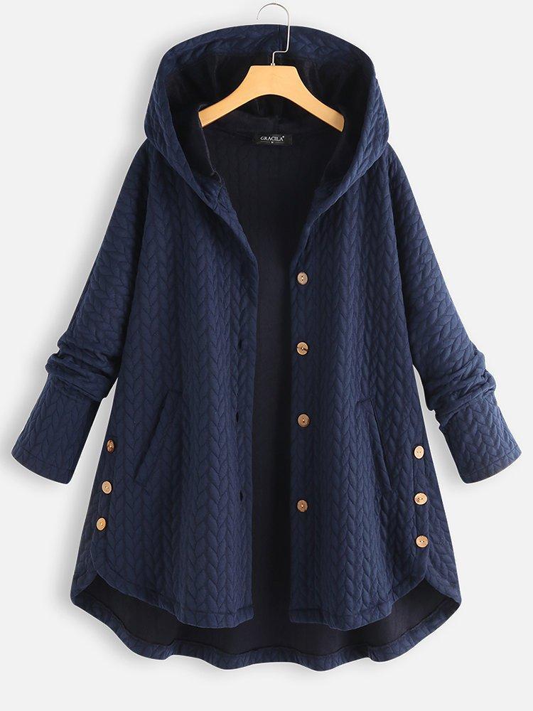 Women's Solid Color Long Sleeve Ireegular Hem Button Up Hooded Jacket