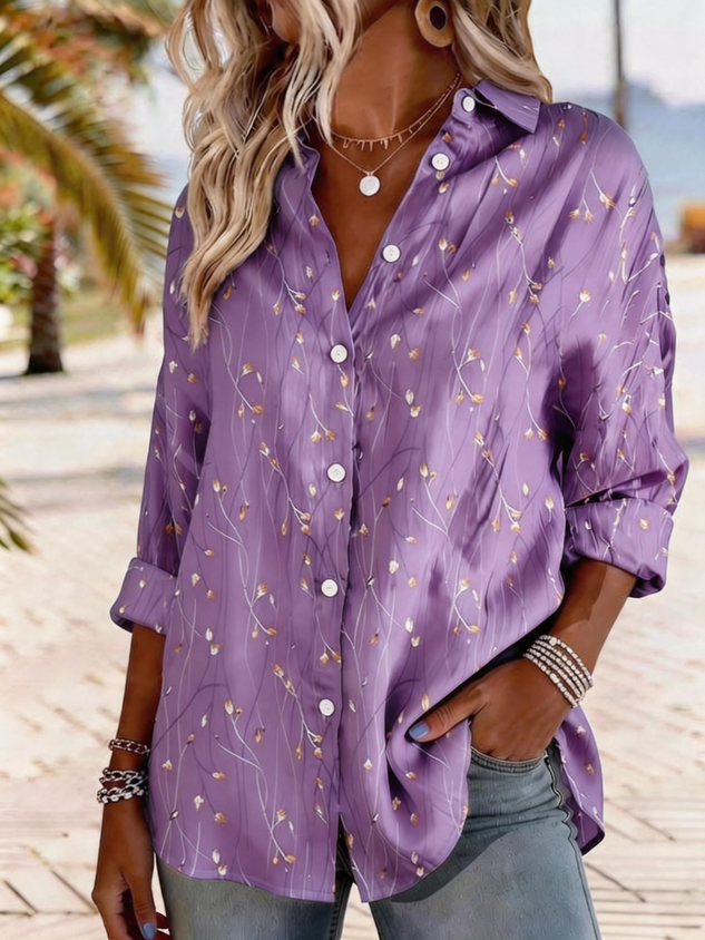 Women‘s Long Sleeve Leaf Regular Loose Shirt