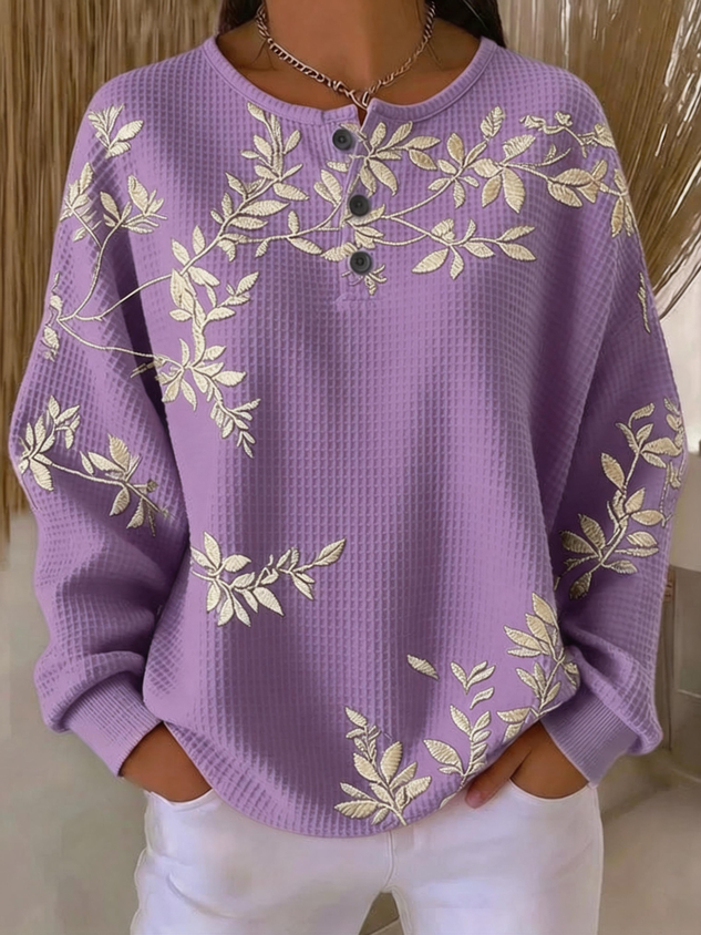 Vintage Henley Collar Leaf Sweatshirt