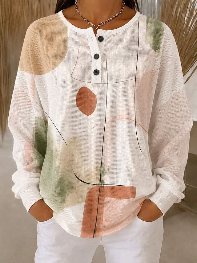 Women's White Sage Green Terracotta Abstract Art Pattern Print Casual Waffle Cotton Henley Sweatshirt