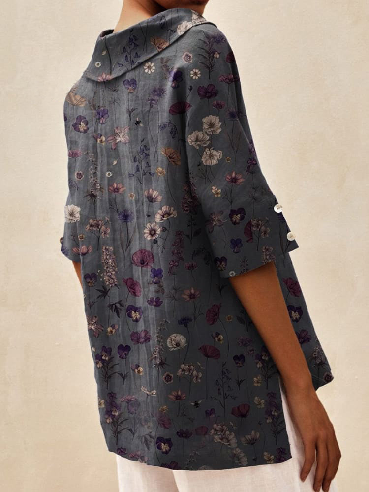 Women's  Floral Art Print Casual Linen V-neck Shirt