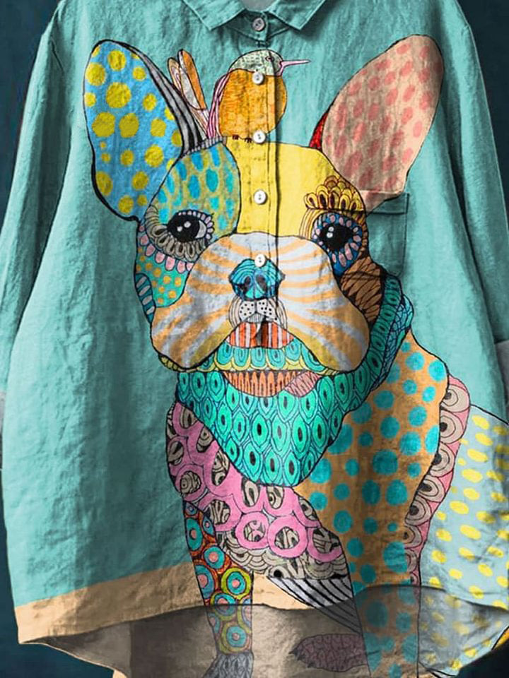 Vintage Lovely Dog Art Print Casual Cotton And Linen Shirt