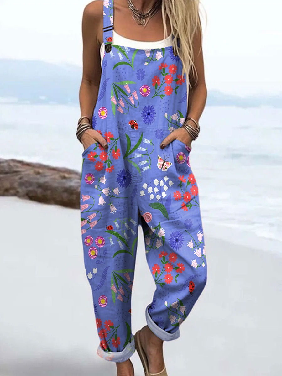 Women's Colorful Flower Art Print Casual Cotton Wide Leg Jumpsuit