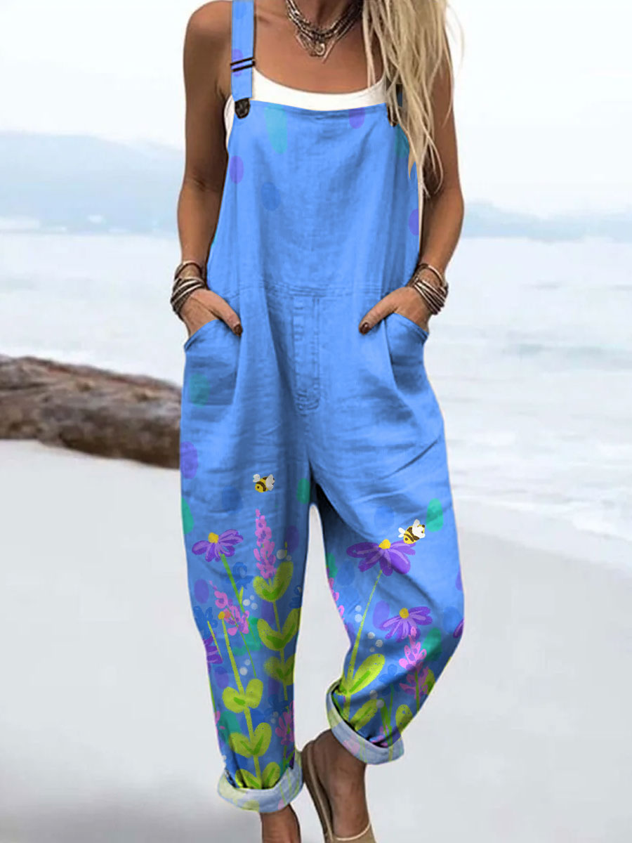 Women's Vintage Abstract Bee Floral Art Print Casual Cotton Wide Leg Jumpsuit