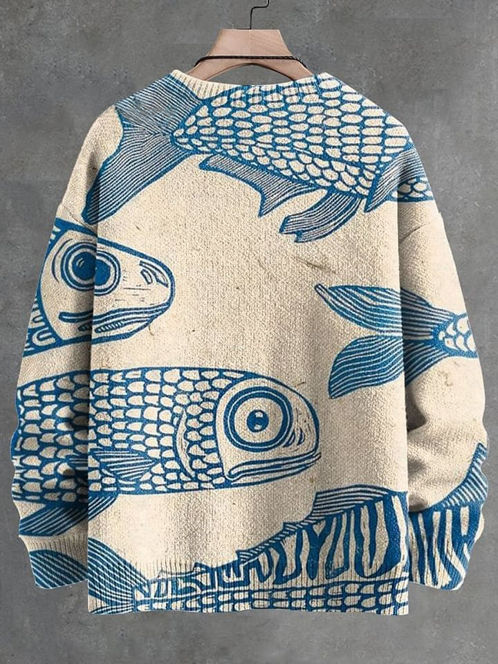 Men's V-neck Women's Blue Minimalist Line Fish Print Long Sleeve Sweater