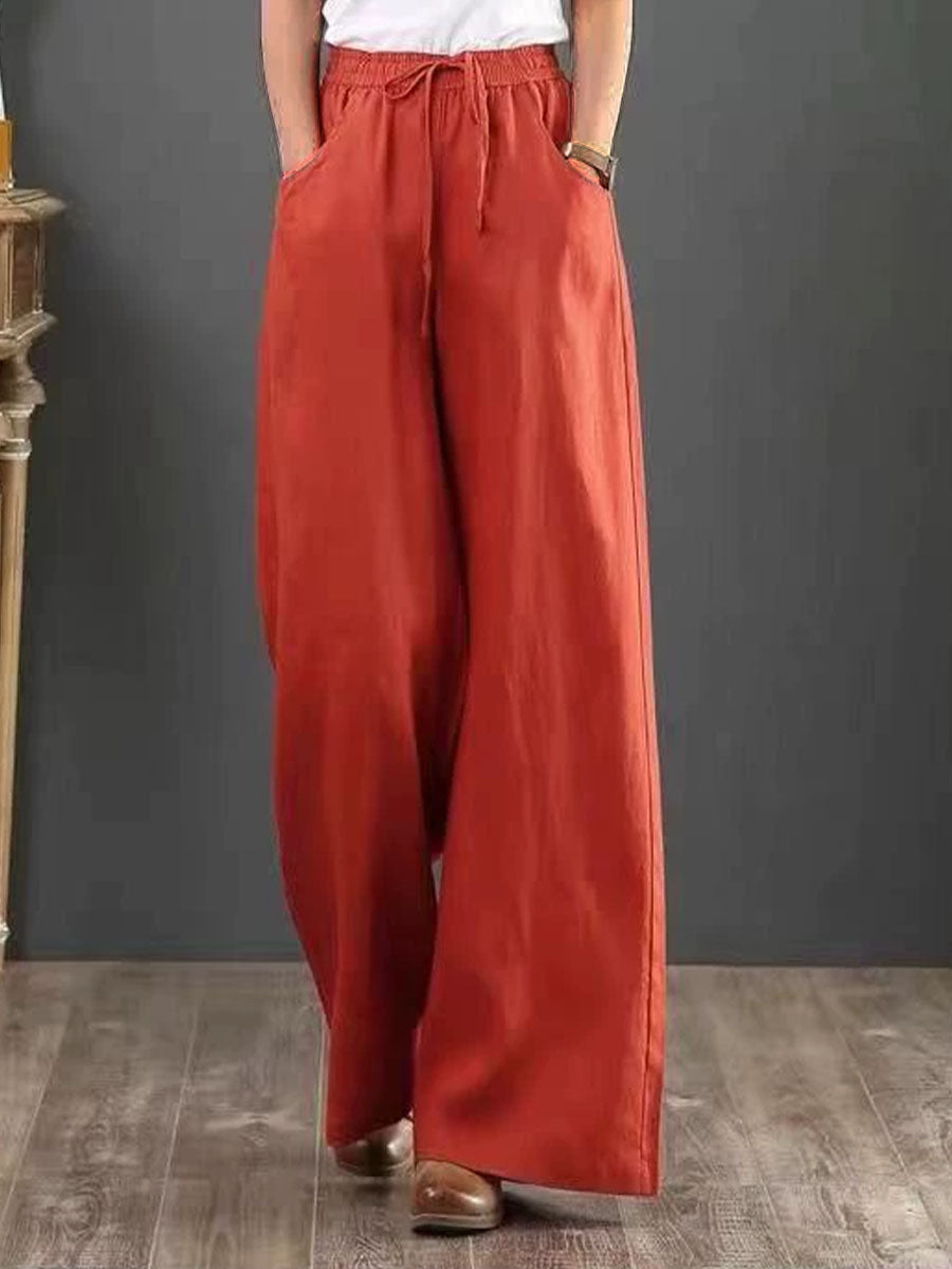 Women Solid Color Elastic Waist Pockets Casual Linen Wide Leg Pants