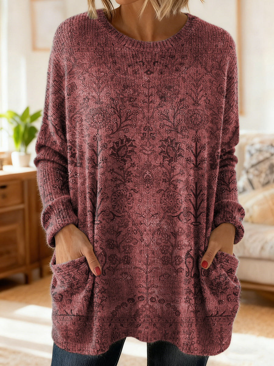 Women's Retro Ethnic Art Print Casual Long-Sleeved Round Neck Cotton Knit Sweater