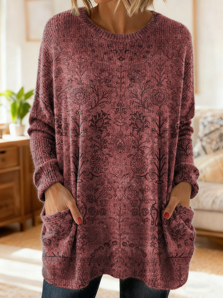 Women's Retro Ethnic Art Print Casual Long-Sleeved Round Neck Cotton Knit Sweater