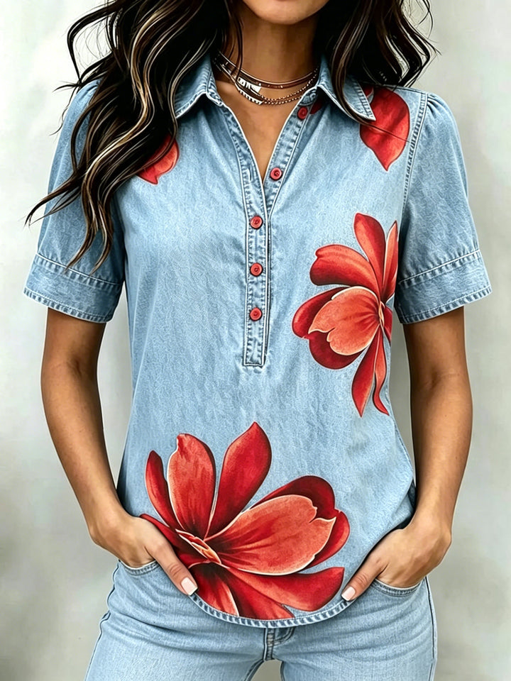 Retro Red Floral Print Denim Collared Shirt