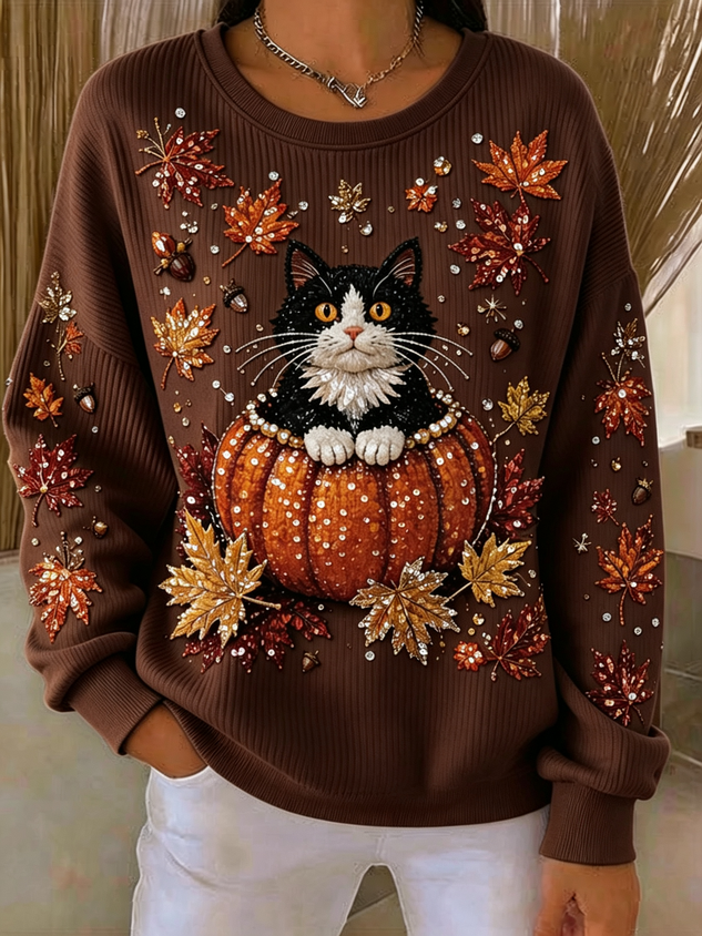 Casual Cat Crew Neck Long Sleeve Sweatshirt