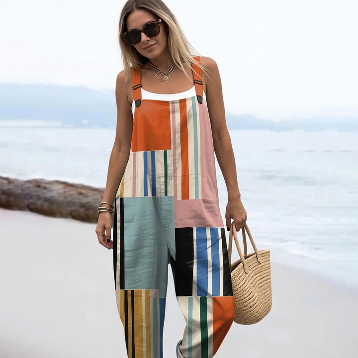 Women's Abstract Geometric Line Pattern Art Print Casual Cotton Wide Leg Jumpsuit