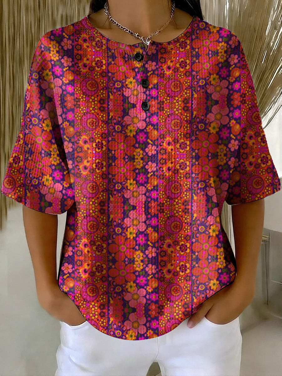 Women's Vintage Hippie Flowers Pattern Printed Casual Cotton Waffle Knit Sweatshirt