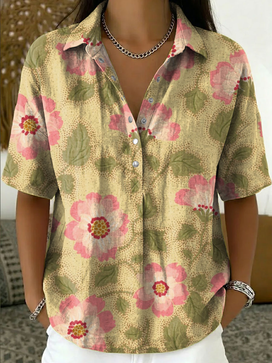 Women's Vintage Botanical Floral Casual Polo Collar Short-sleeved Linen And Cotton Shirt