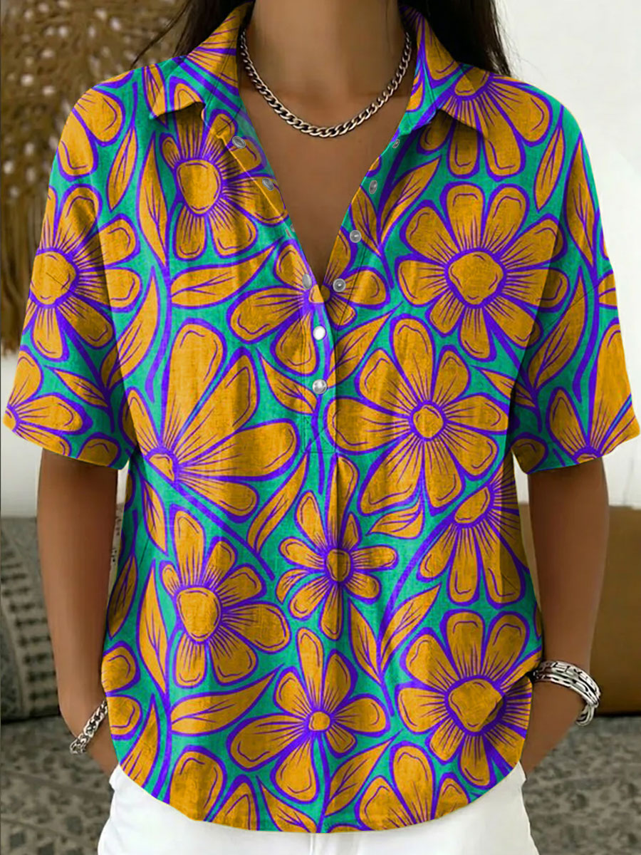 Women's Vintage Botanical Floral Casual Polo Collar Short-sleeved Linen And Cotton Shirt