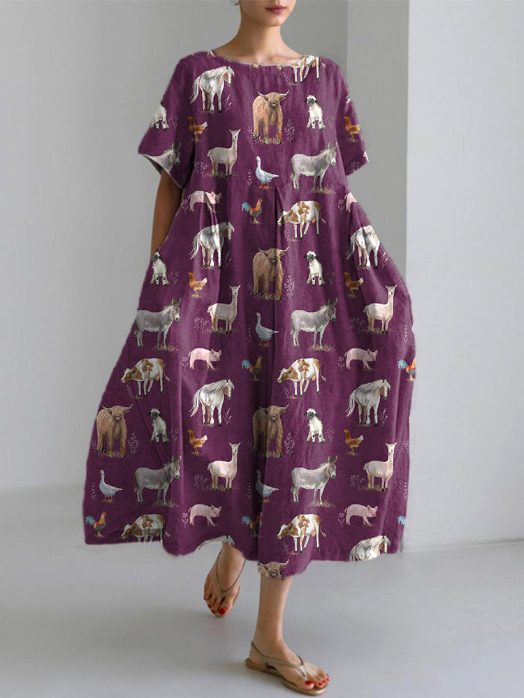 Farm Animals Print Casual Cotton Linen Dress