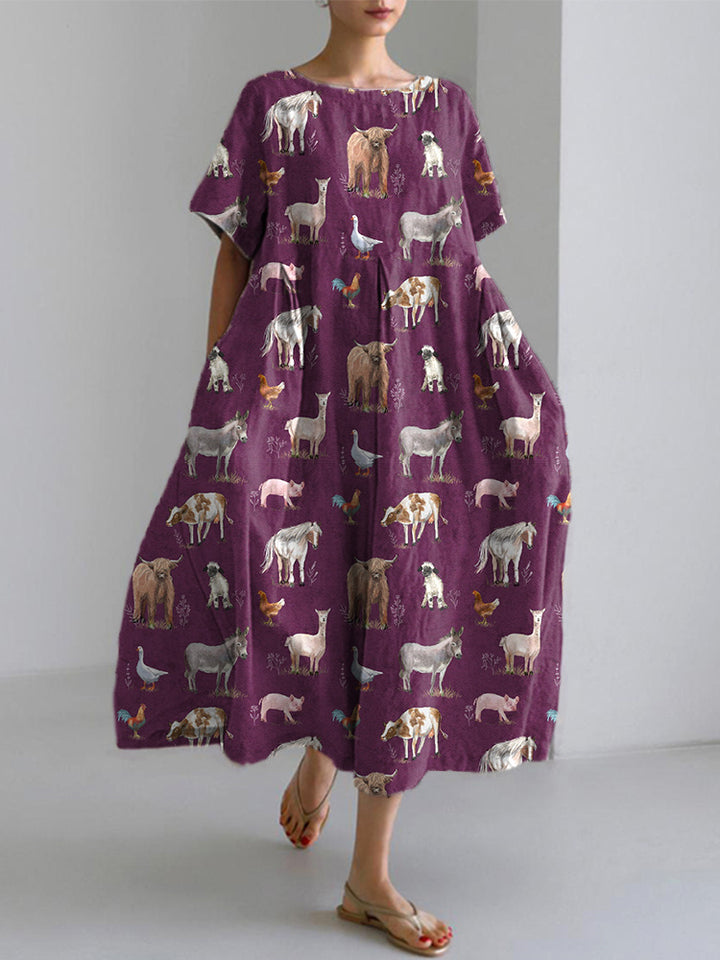 Farm Animals Print Casual Cotton Linen Dress