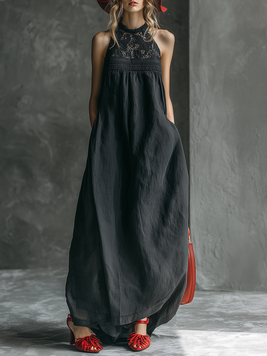Stylish Western-style Dark Gray Lace Neckline Sleeveless Tencel Maxi Dress