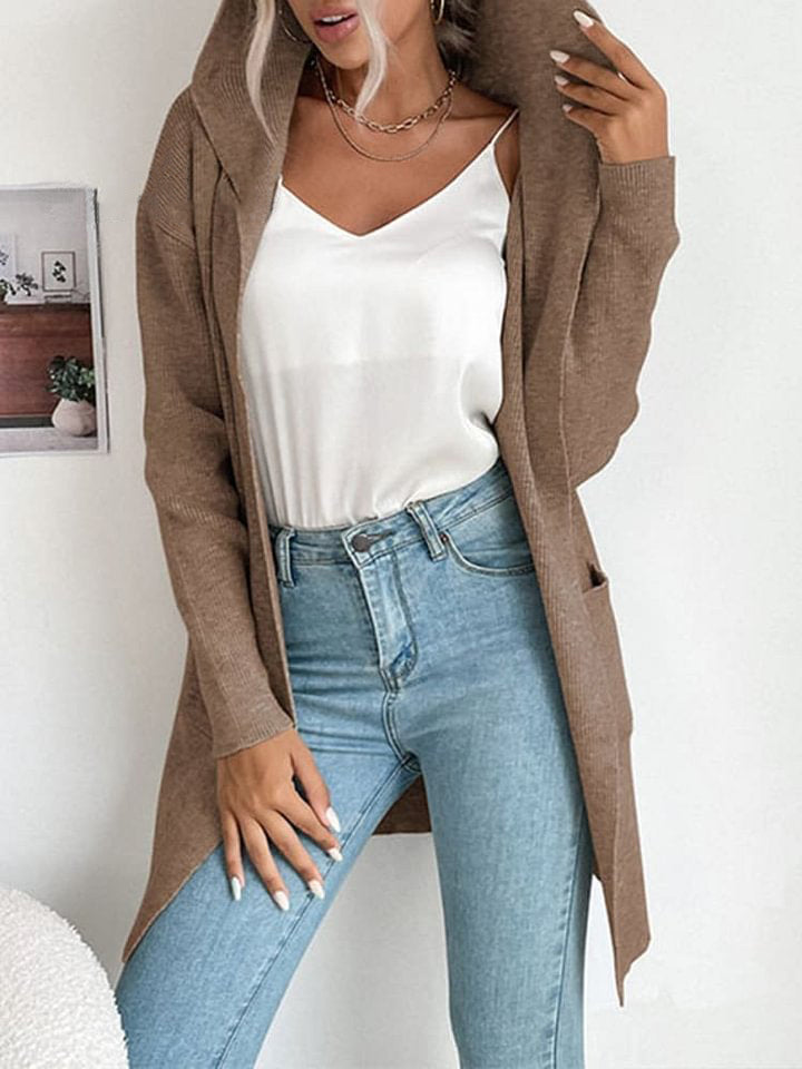 Autumn and Winter Women's Hooded Pit Knitted Sweater Cardigan Jacket