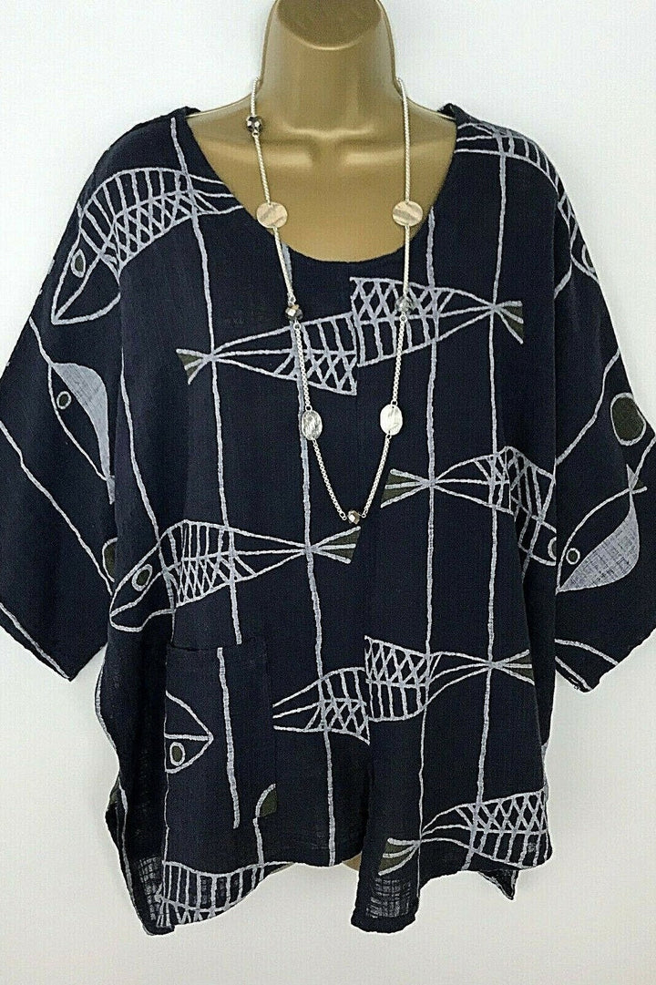 Geometric Print Crew Neck Half Sleeves Blouse