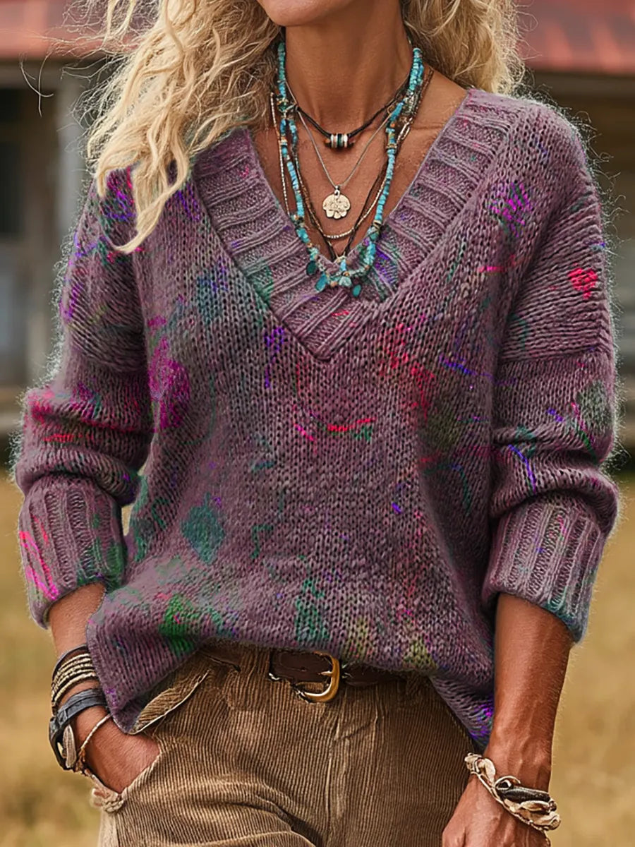 Floral Art Print Casual Long-sleeved V-neck Knit Sweater