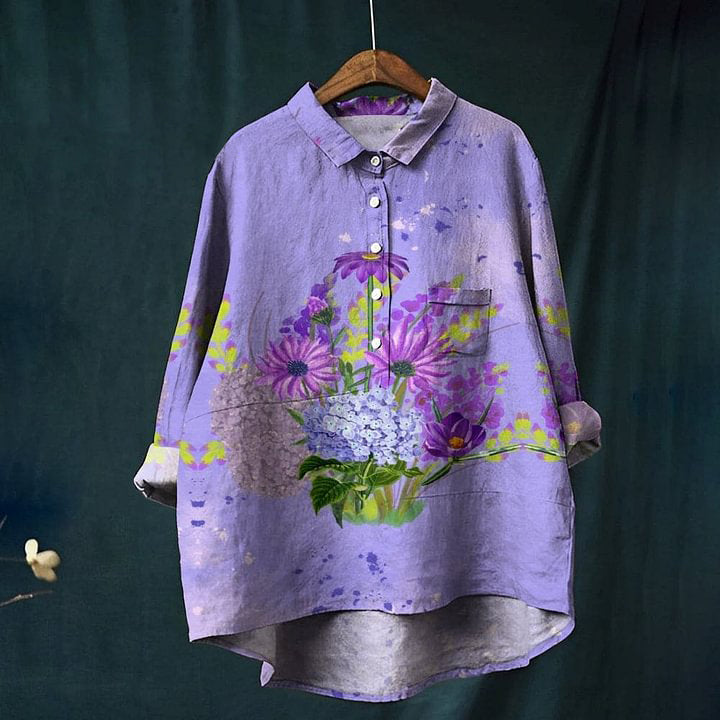 Women's Floral Print Casual Linen Shirt