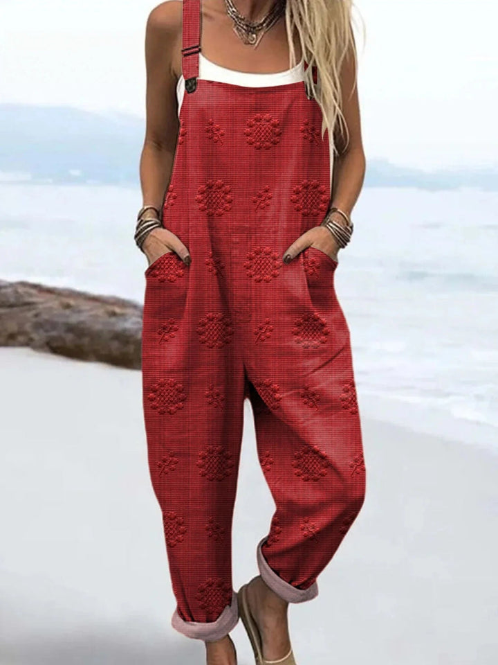 Women's Vintage Floral Pattern Art Print Casual Cotton Linen Wide Leg Jumpsuit