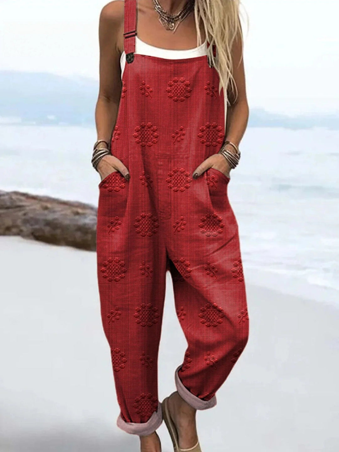 Women's Vintage Floral Pattern Art Print Casual Cotton Linen Wide Leg Jumpsuit