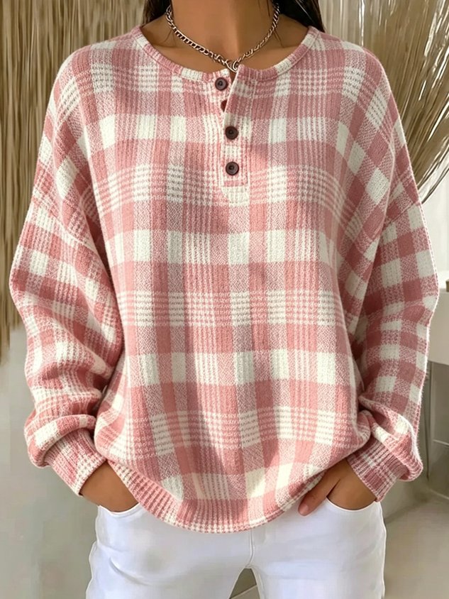 Casual Plaid Henley Collar Long Sleeve Sweatshirt