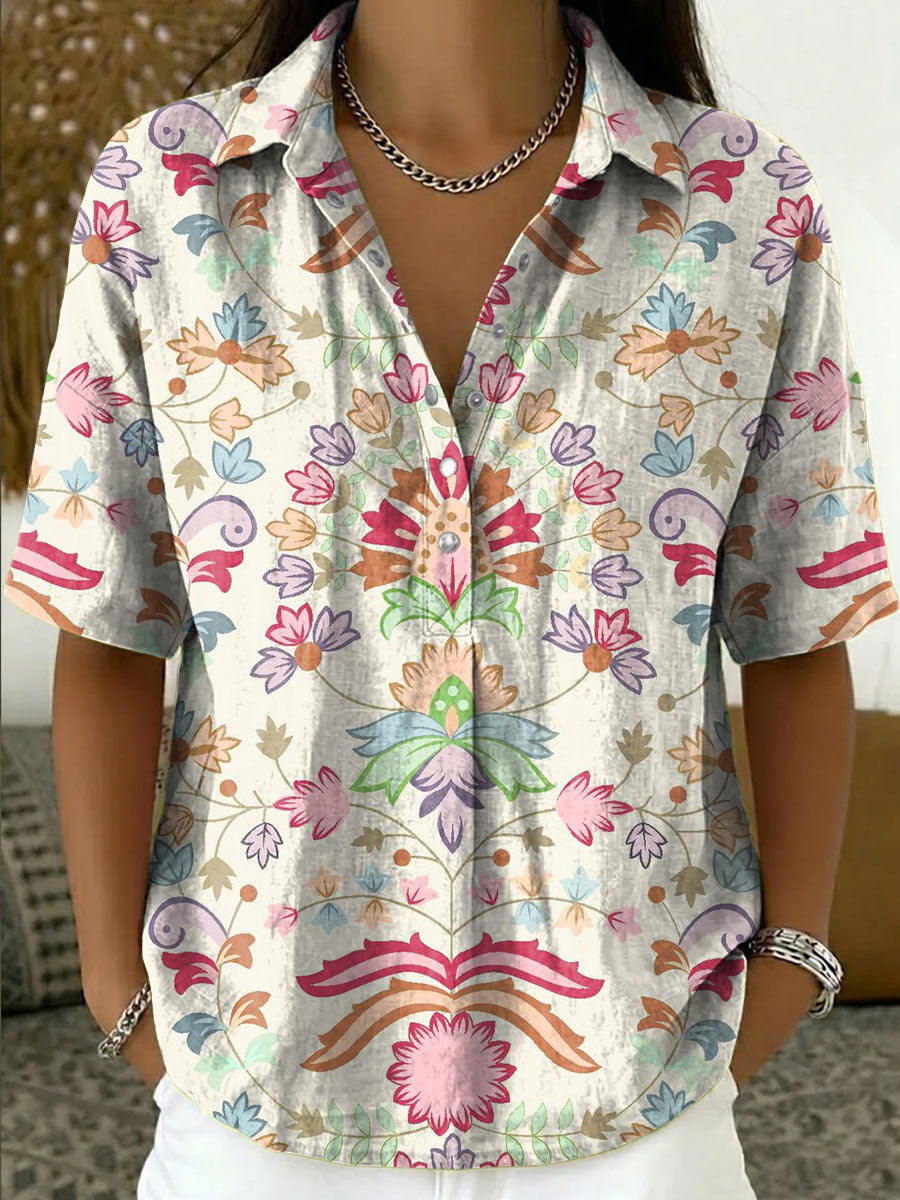 Women's Vintage Botanical Floral Casual Polo Collar Short-sleeved Linen And Cotton Shirt
