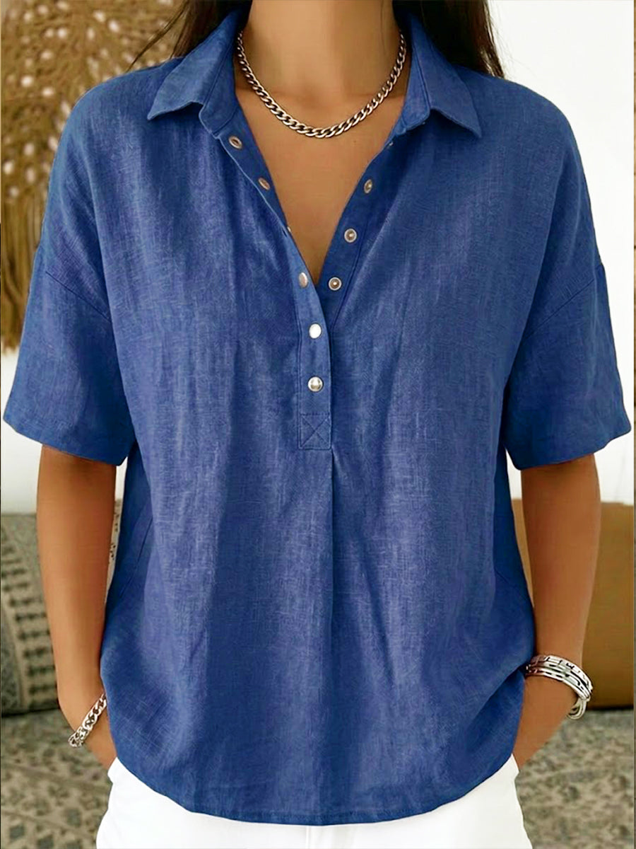 Casual Polo Collar Short-sleeved Linen And Cotton Shirt