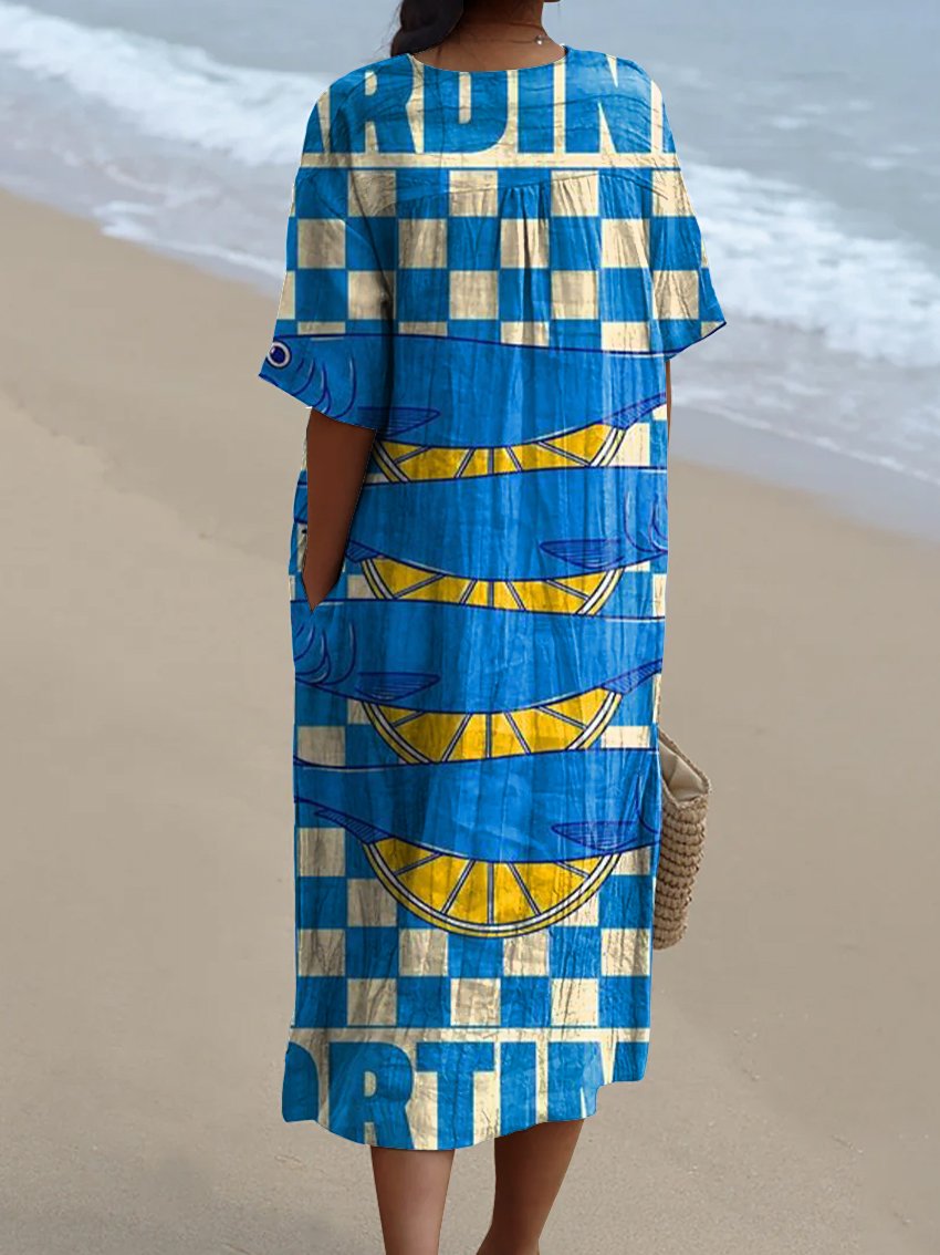Women's Retro simple geometric fish graphics Watercolor Splash Fluid Art Print Flowy Dress