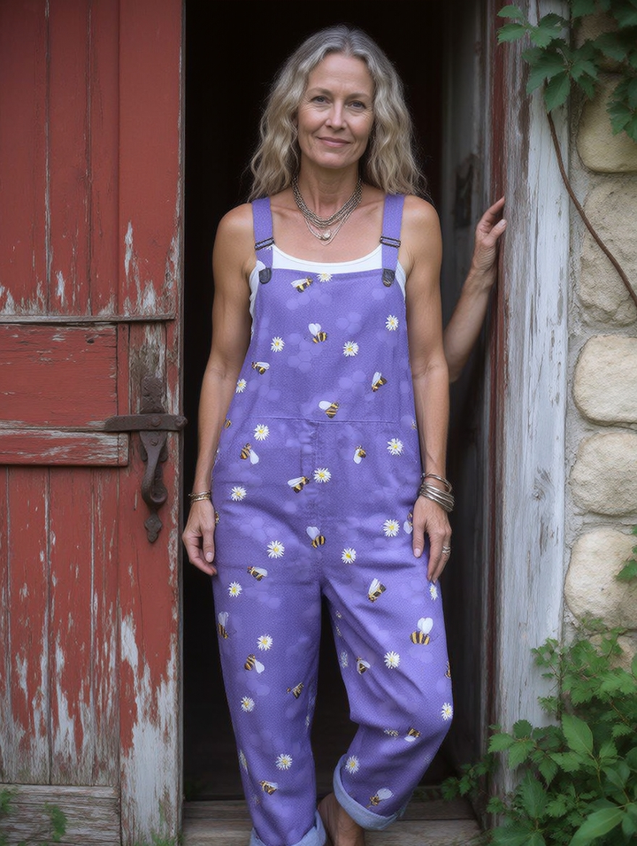 Women's  Bee Art Print Casual Cotton Wide Leg Jumpsuit