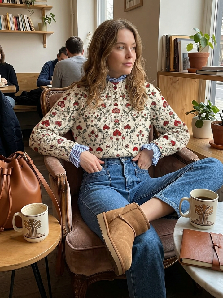 Valentine's Day Love Floral Art Print Knit Turtleneck Pullover Sweater