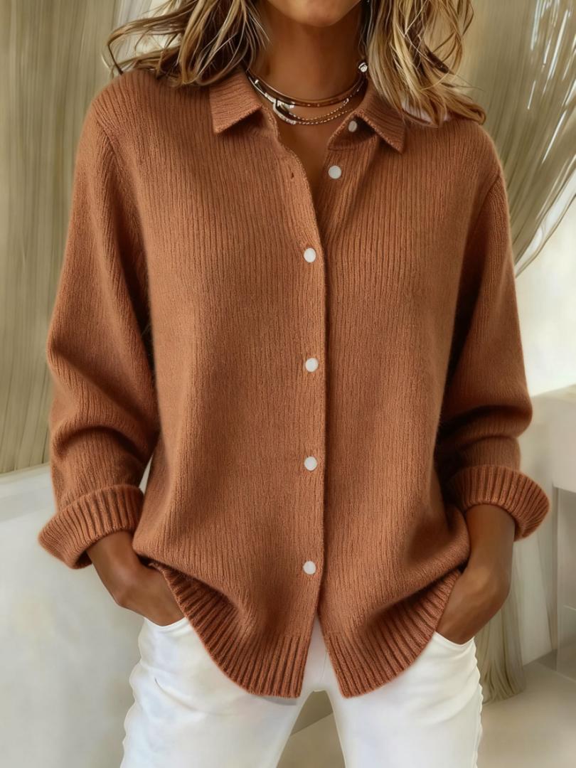 Women's Solid Color Shirt Collar Long Sleeve Waffle Knit Cardigan
