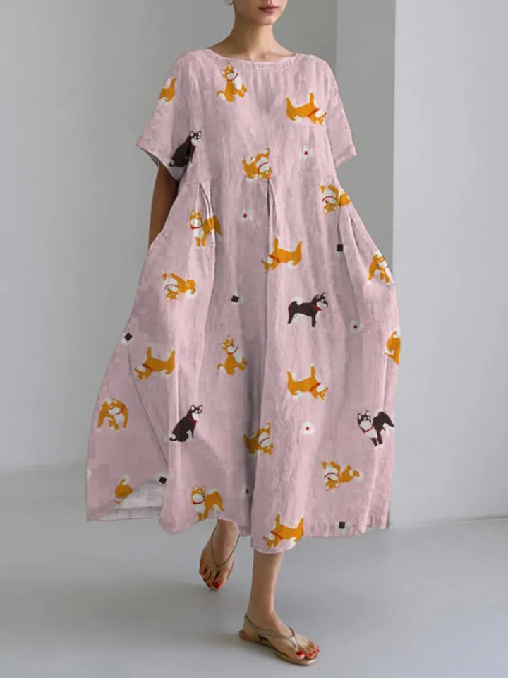 Onigiri & Shiba Inu Print Linen Blend Maxi Dress