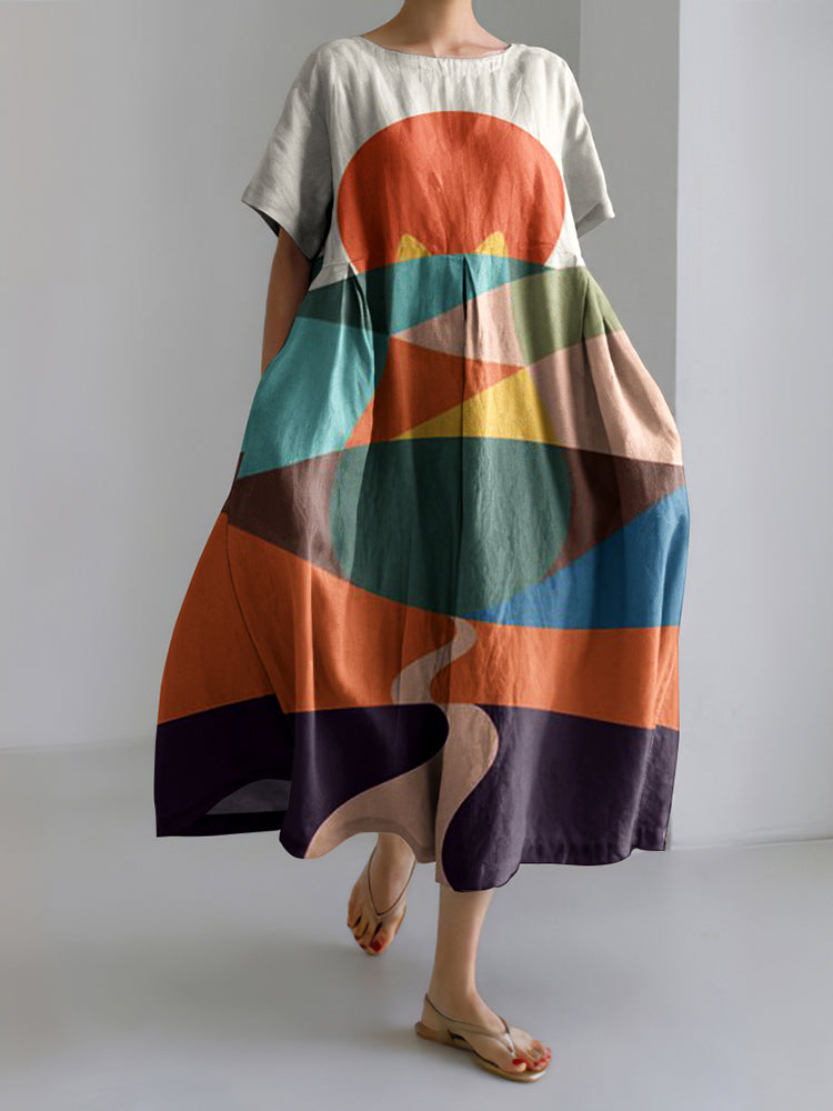 Abstract Creative Colorful Cute Cat Painting Art Linen Blend Dress