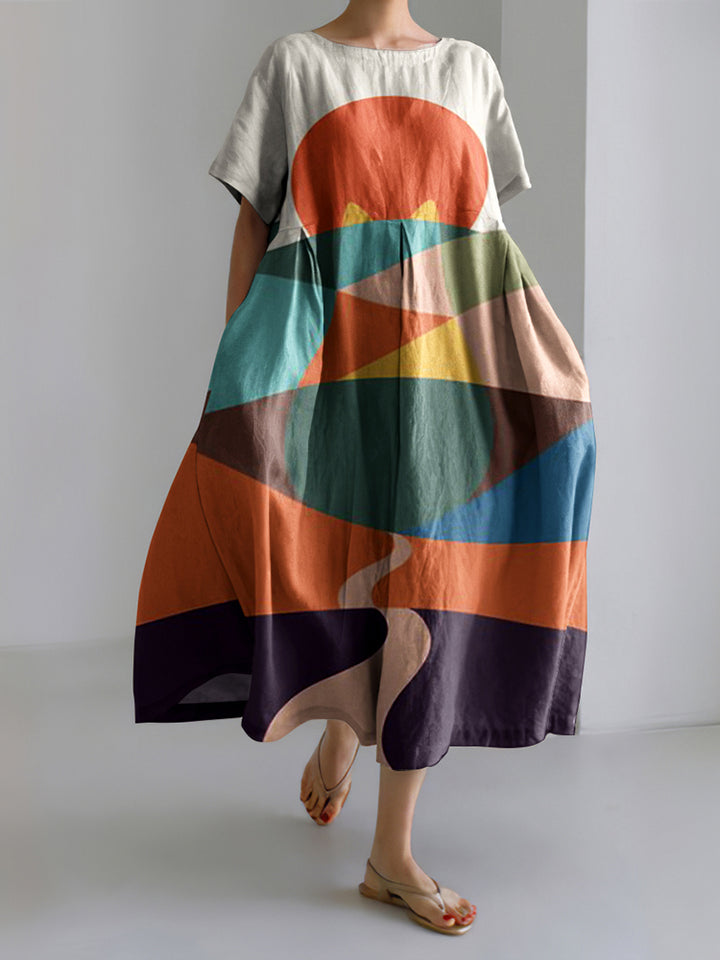 Abstract Creative Colorful Cute Cat Painting Art Linen Blend Dress