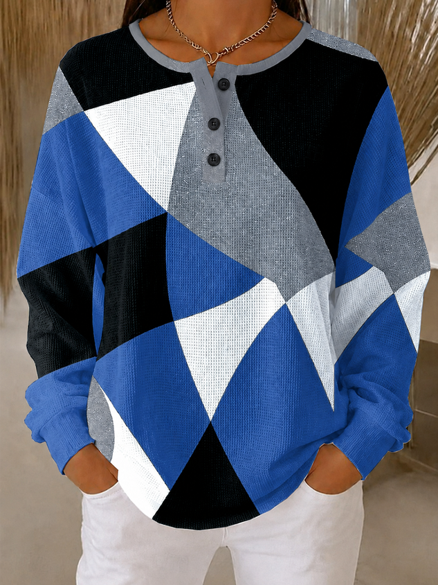 Vintage Abstract Graphic Henley Collar Long Sleeve Sweatshirt