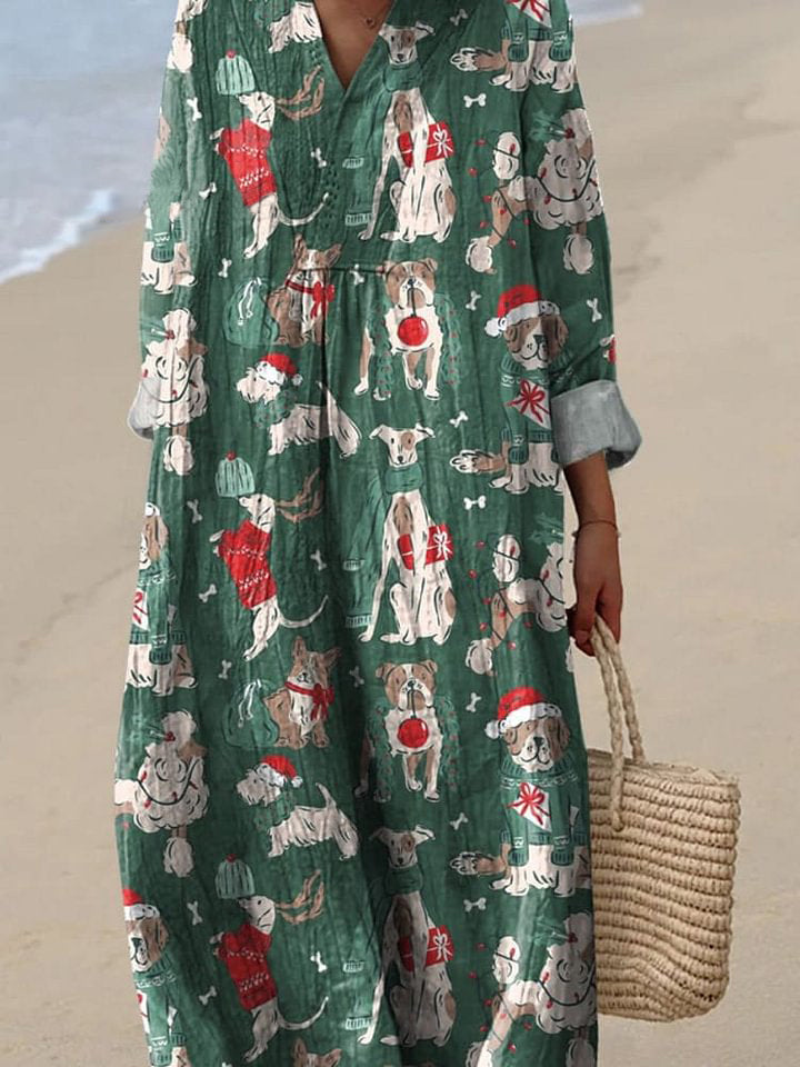 Puppy Dog Christmas Celebration Pattern Printed Women's Dress